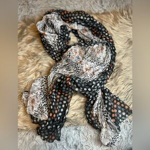 Polka Dot, Floral, Animal Print Scarf - Black, White, and Orange